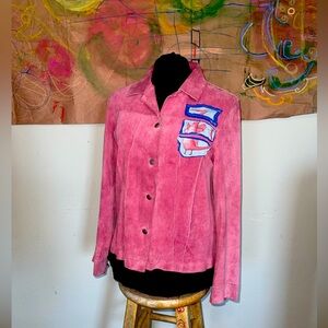 Nordstrom Pink Suede Women's button with down custom art accent Dragon  Taco